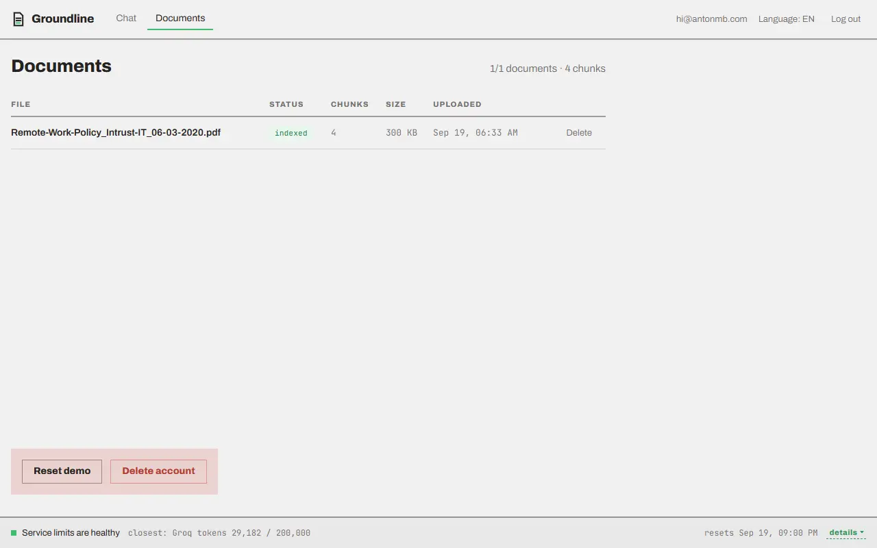 The documents screen: the upload area, the indexing queue and the list of indexed files.